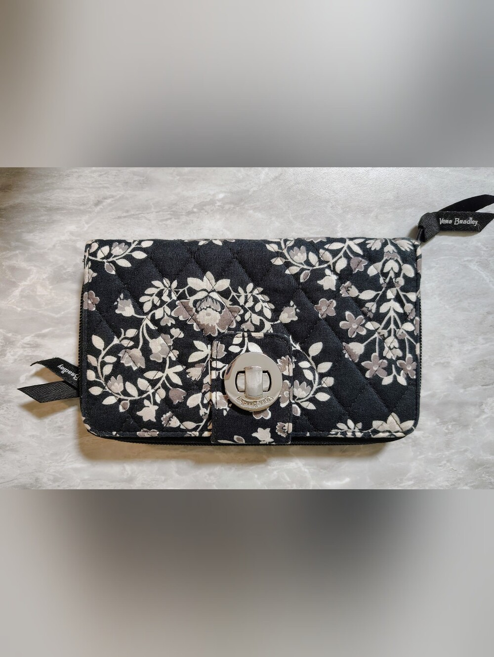 Vera Bradley Quilted Black Floral Turn-Lock Wallet RFID